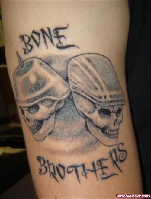 Grey Ink Bone Brithers Army Tattoo On Bicep