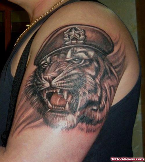 Grey Ink Army Tiger Head Tattoo
