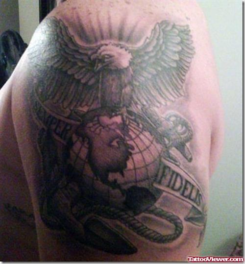 Grey Ink Army Tattoo On Shoulder