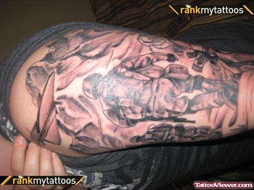 Grey Ink Army Tattoo On Left Half Sleeve