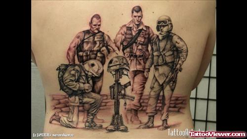 Grey Ink Army Tattoo On Back Body