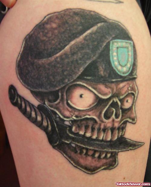 Grey Ink Skull With Knife Army Tattoo On shoulder