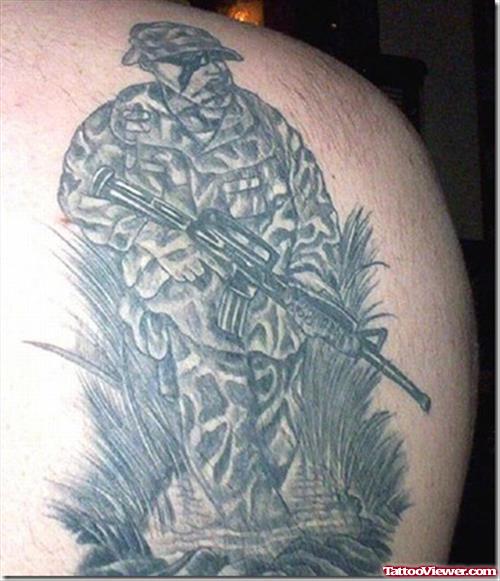 Grey Ink Army Tattoo On Right Back SHoulder