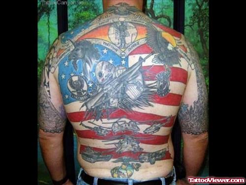 Colored Ink Us Army Tattoo On Back Body