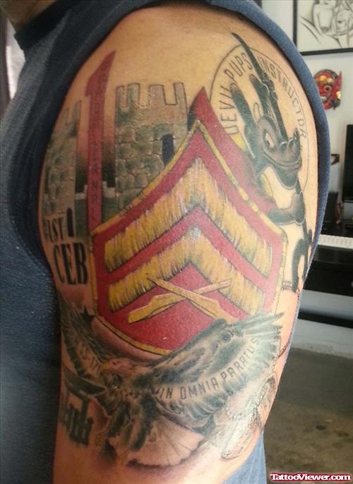 Colored Army Tattoo On Left Half Sleeve