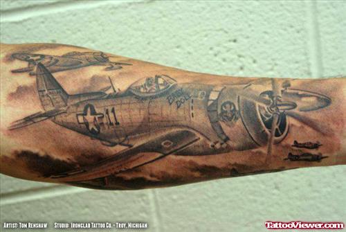 Awesome Grey Ink Army Helicopter Tattoo On Arm