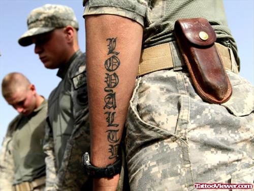 Ambigram Tattoo On Soldier Arm