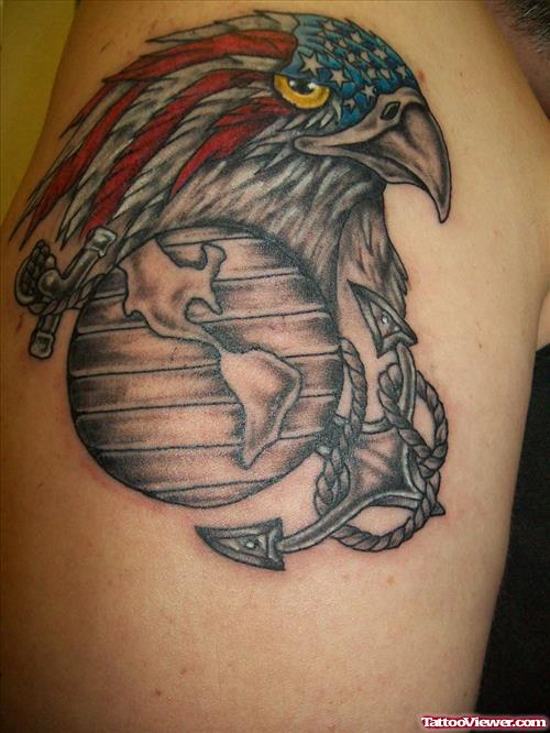 Grey Ink Eagle Head And U.S Army Tattoo