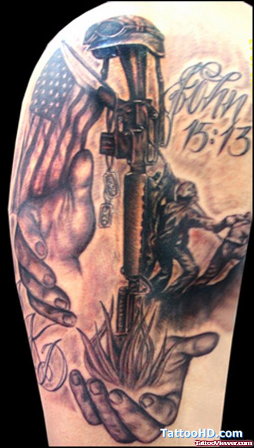 Grey Ink Military Army Tattoo On Half Sleeve