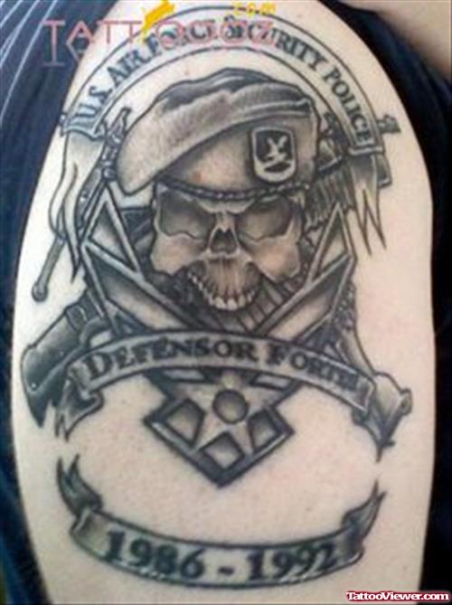 Grey Ink Army Tattoo On Right Shoulder