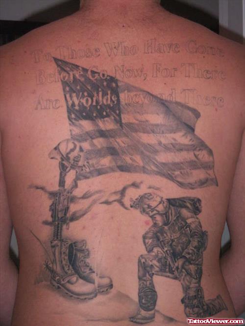 Grey Ink Army Flag And Military Soldier Tattoo