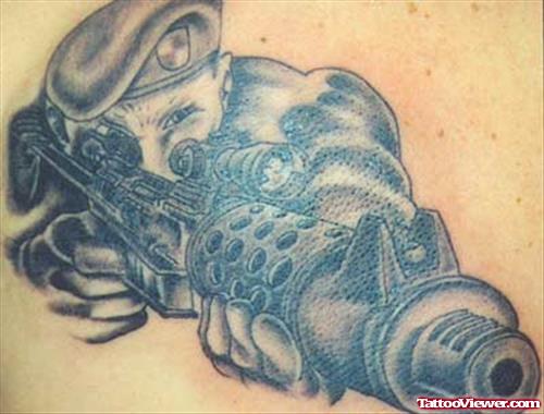 Grey Ink Amry Soldier With Gun Army Tattoo