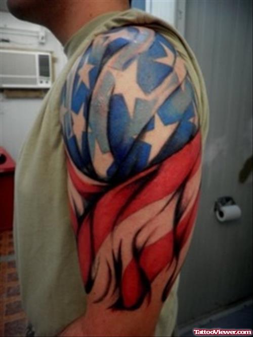 Colored US Army Flag Tattoo On Half Sleeve