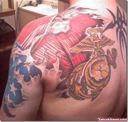 Colored Army Tattoo On Left Shoulder And Back Shoulder