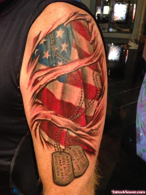 Color Ink Military Army Tattoo On Half Sleeve