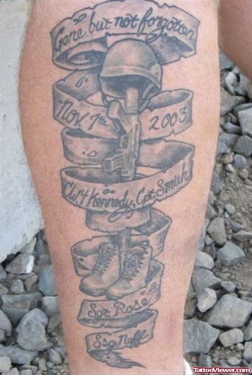 Beautiful Grey Ink Army Tattoo On Right Leg