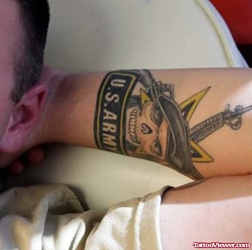 Beautiful Grey Ink Army Tattoo On Left Forearm