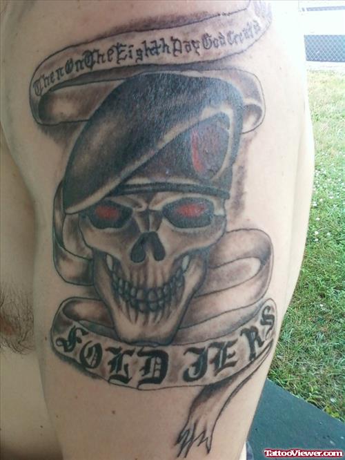Awesome Grey Ink Banner And Skull Army Tattoo