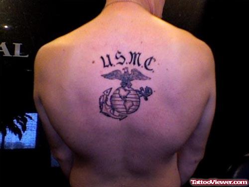 Grey Ink USMC Army Tattoo On Back