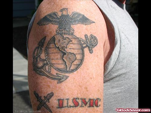 Grey Ink U.S Army Tattoo On Shoulder