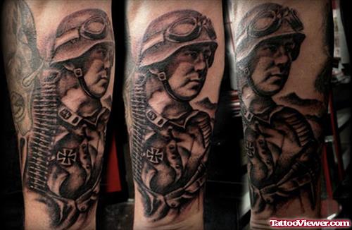 Grey Ink Honored Soldier Army Tattoo