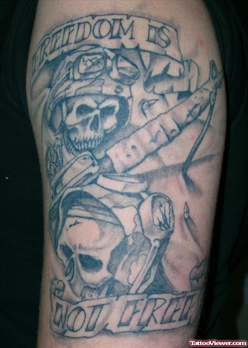 Grey Ink Army Tattoo On Sleeve