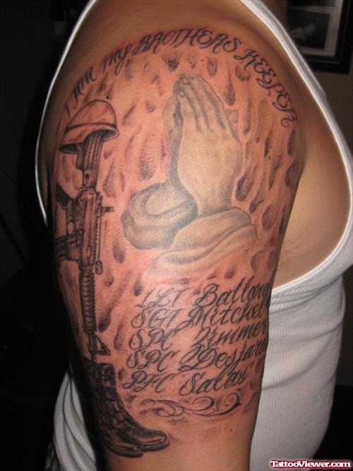 Grey Ink Army Tattoo On Man Right Half Sleeve