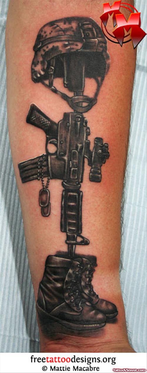 Grey Ink Army Soldier Boots And Gun Tattoo