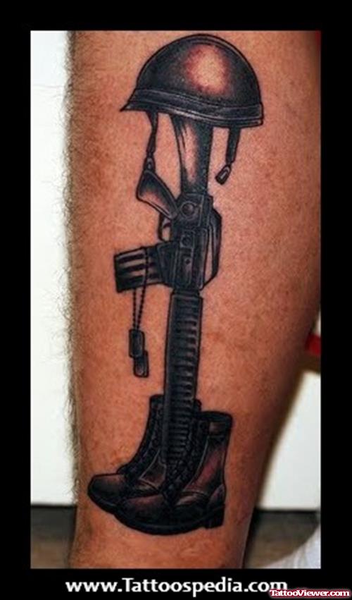 Dark Ink Soldier Army Tattoo On Leg