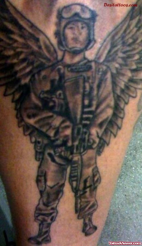 Grey Ink Winged soldier Army Tattoo On Sleeve