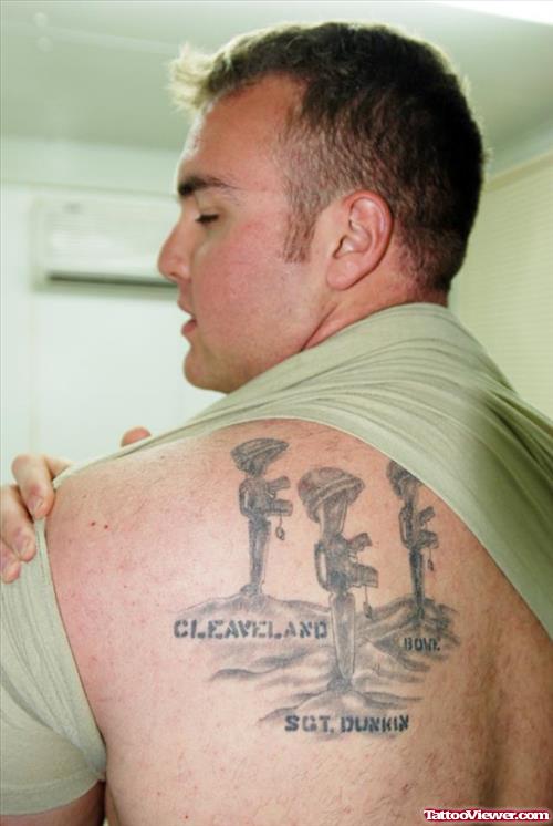 Grey Ink Army Tattoo On Left Back Shoulder
