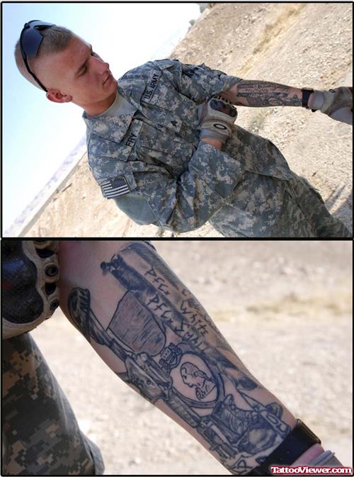Dreadful Grey Ink Army Tattoo On Left Forearm