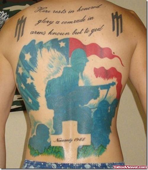 Colored Army Tattoo On Man Full Back