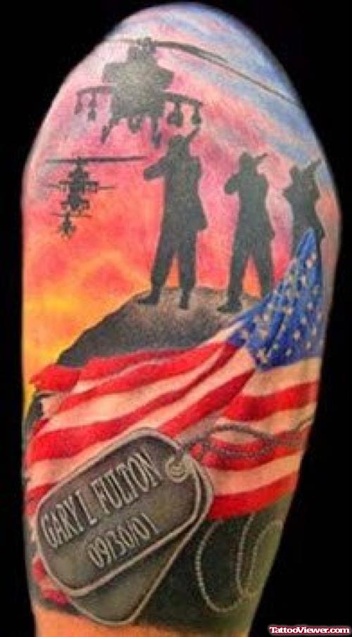 Colored American Army Tattoo On Half Sleeve
