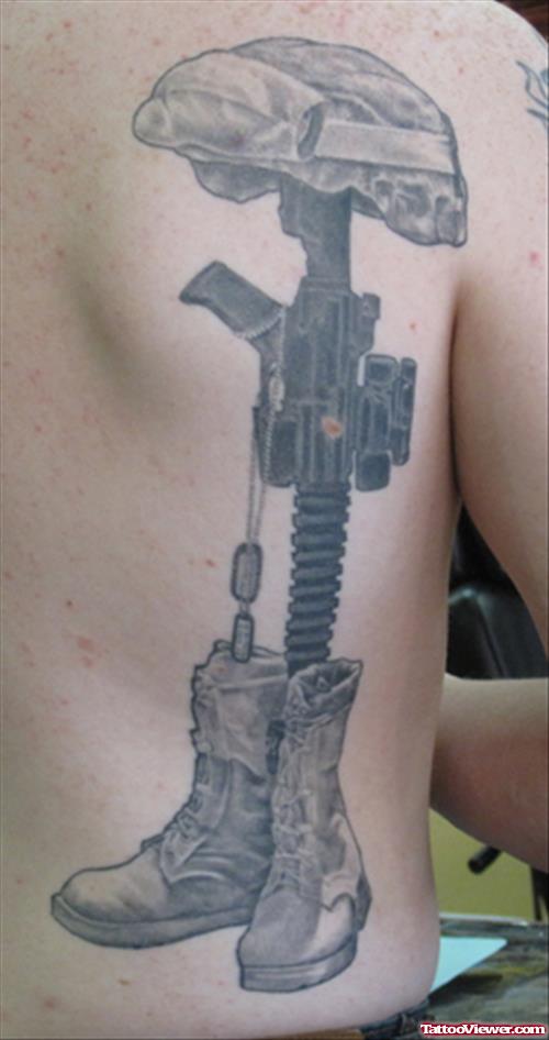 Unique Grey Ink Army Tattoo On Back