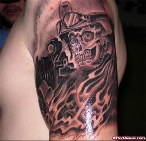 Grey Ink Skull Army Tattoo On Left Half Sleeve