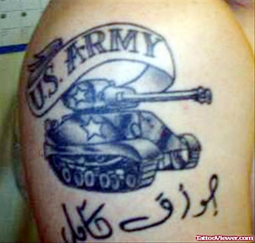 Grey Ink Army Tank Tattoo on Right Shoulder