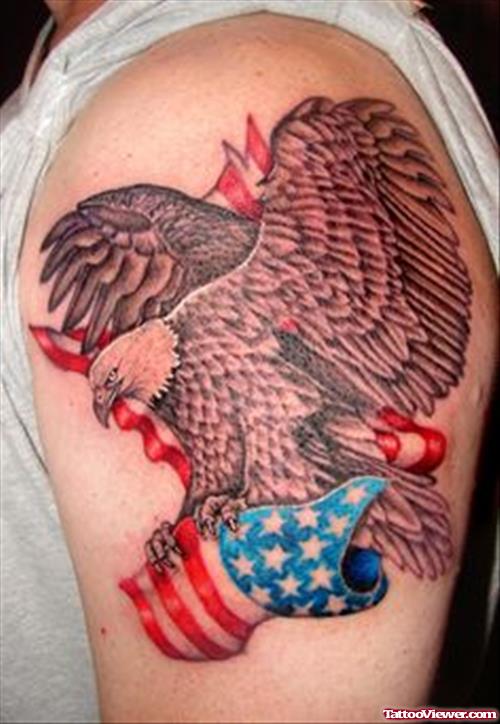 Eagle Flying with Us Army Flag Army Tattoo on Left Shoulder