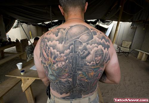 Army Tattoo On Man Back Body