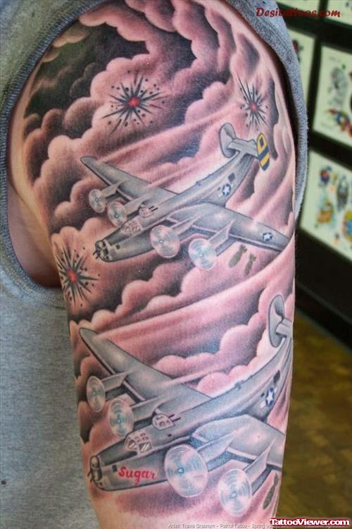 Army Planes Tattoos On Half Sleeve