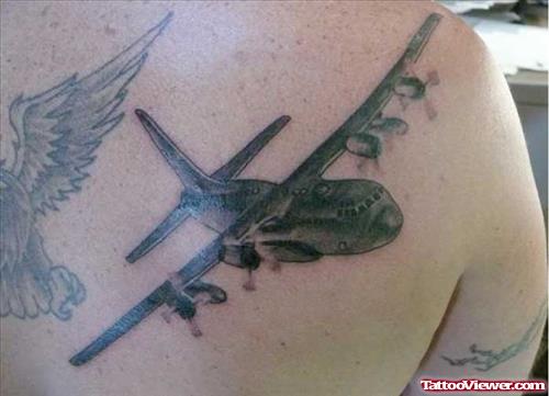 Army Plane Tattoo On Right Back Shoulder