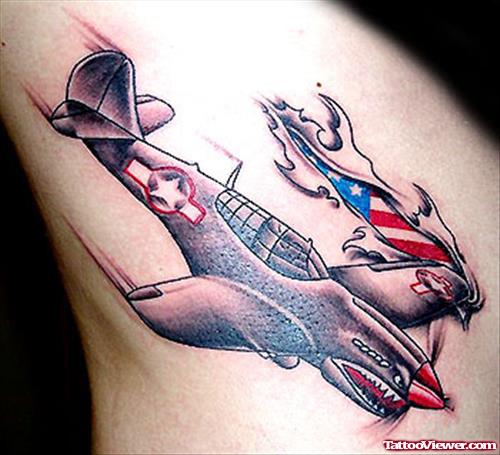 Army Flag And Plane Tattoo On Side Rib