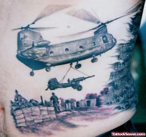 Grey Ink Military Army Tattoo On Side Rib