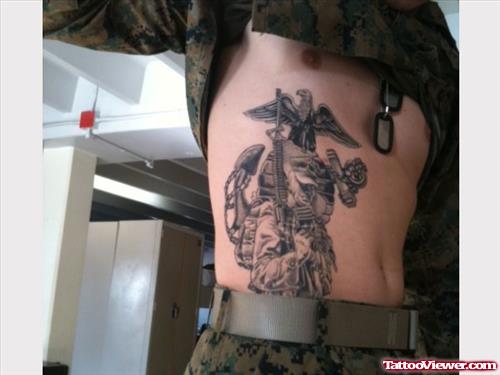 Grey Ink Army Tattoo On Side Rib