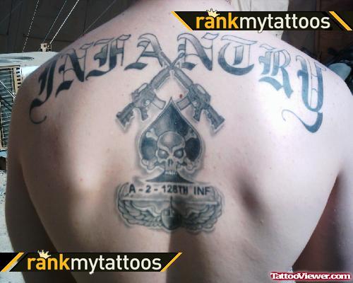 Grey Ink Army Tattoo On Man Back