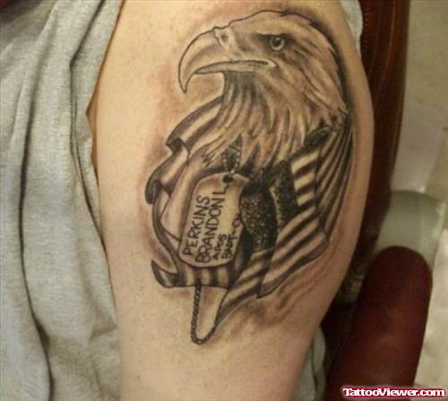 Grey Ink Army Eagle Head Tattoo On Left Shoulder