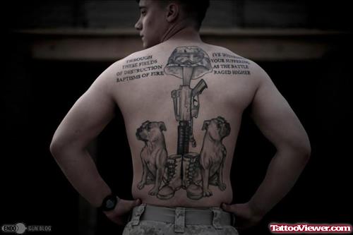 Cute Grey Ink Army Tattoo On Man Back