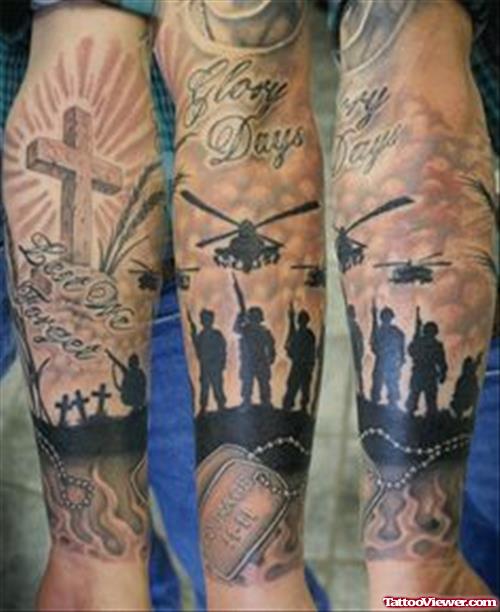 Cross And Flying Helicopters Army Tattoo