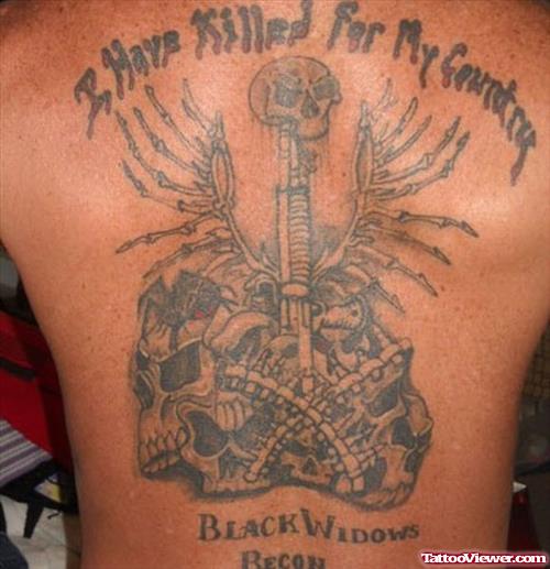 Crazy Grey Ink Army Tattoo On Back Body