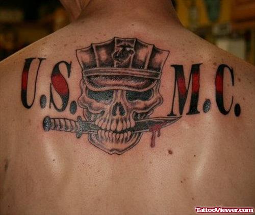 USMC Army Tattoo On Man Upperback